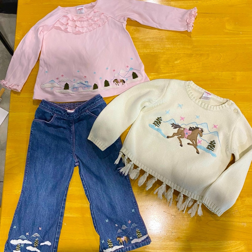 Gymboree Lot shirt (2T), sweater (3T), jeans (2T) Winter Horse Adorable!